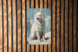 a picture of a white dog on a wooden wall