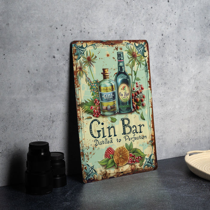 a picture of a gin bar sign on a table