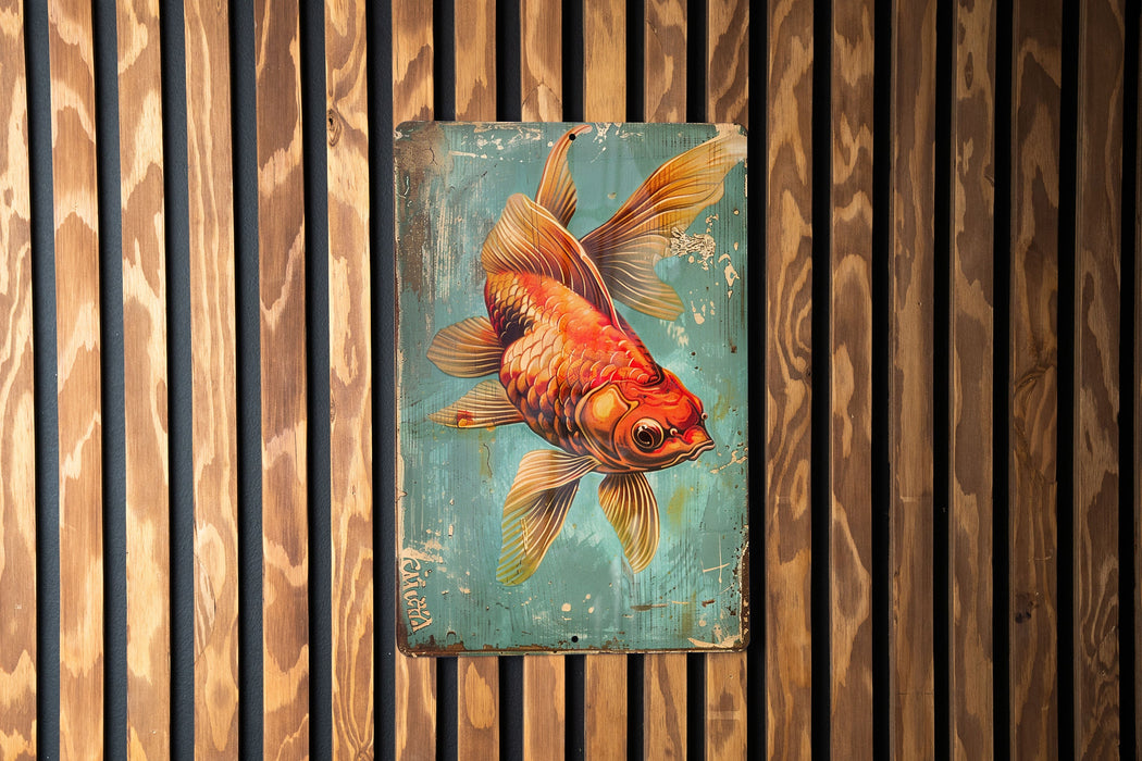 a painting of a goldfish on a wooden wall