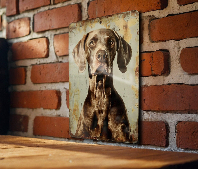a picture of a dog hanging on a brick wall