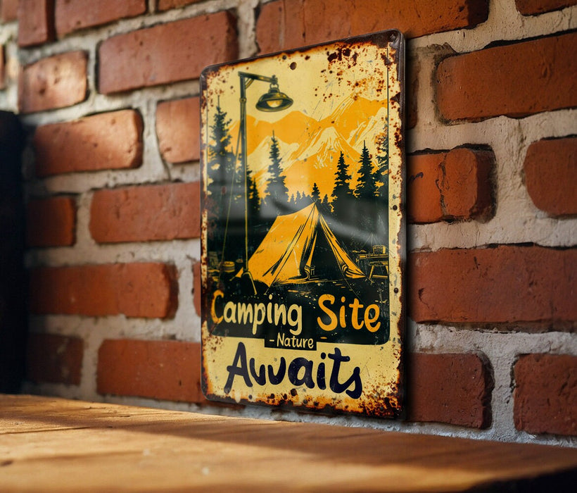 a sign on a brick wall that says camping site awaits
