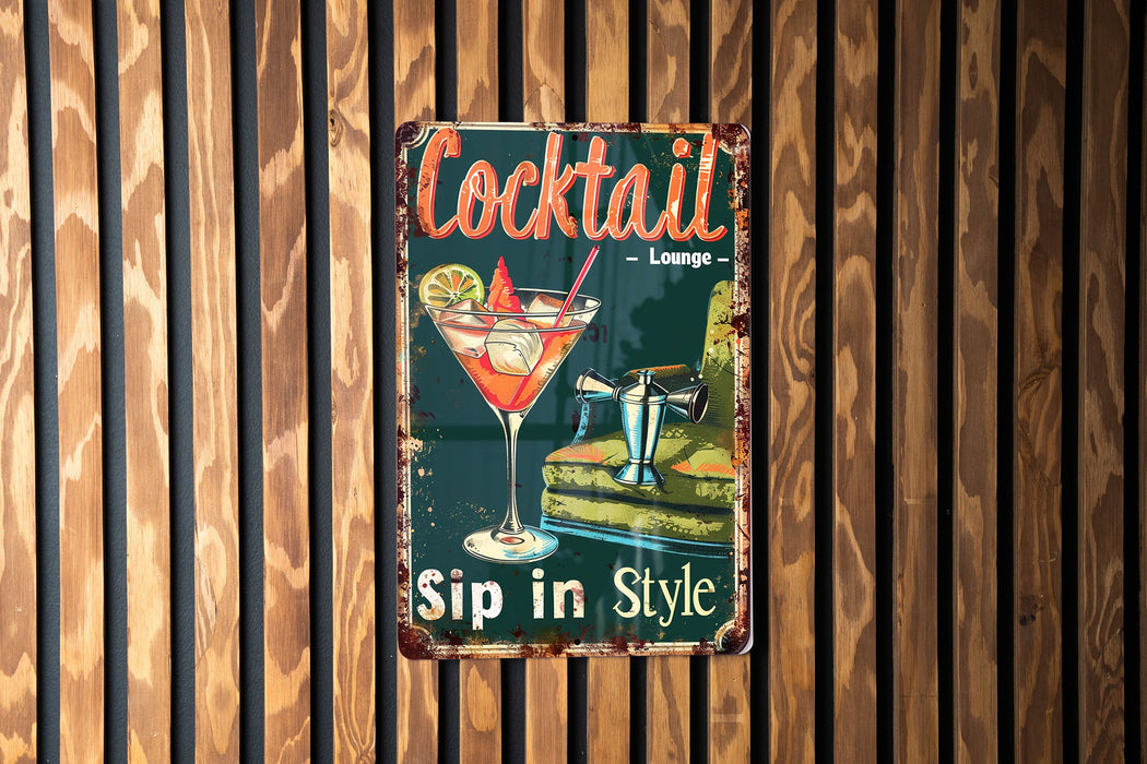 a sign on a wooden wall that says cocktail sip in style