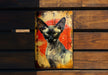 a picture of a cat on a wooden bench