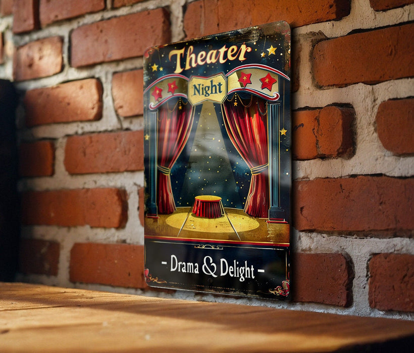 a sign on a brick wall that says theater night