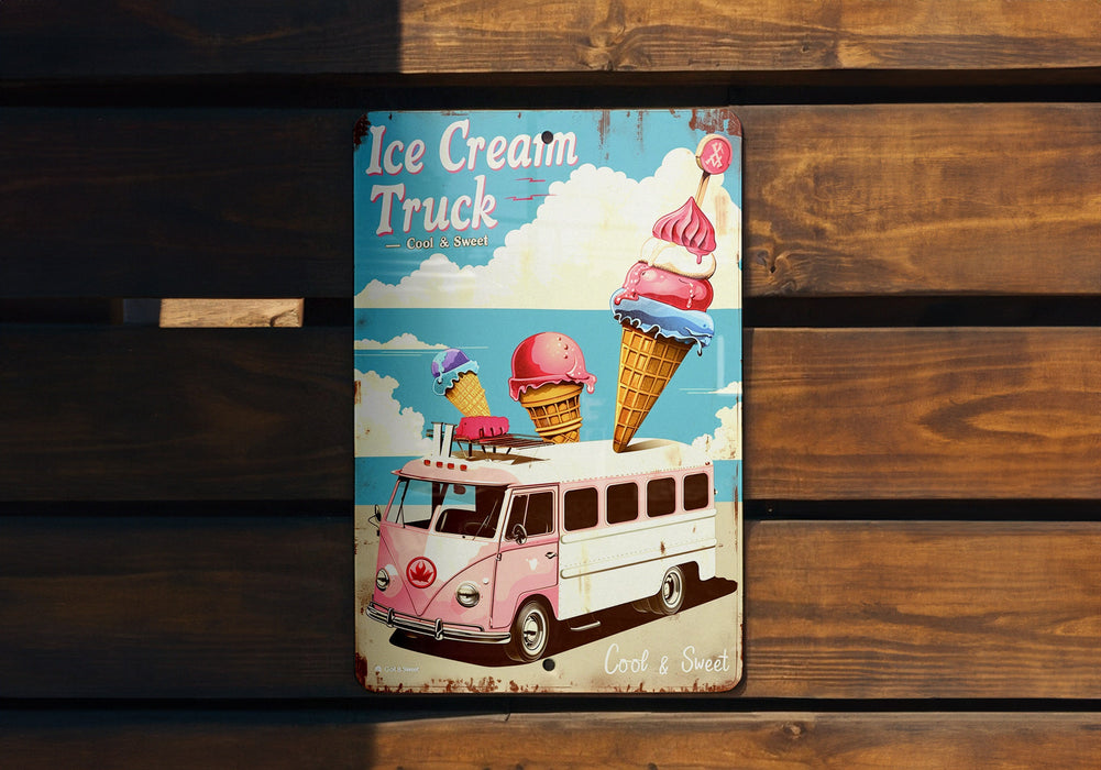 an ice cream truck sign on a wooden bench