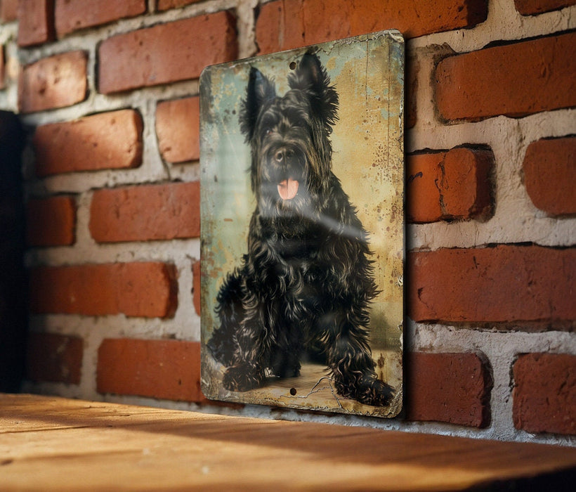 a picture of a black dog on a brick wall