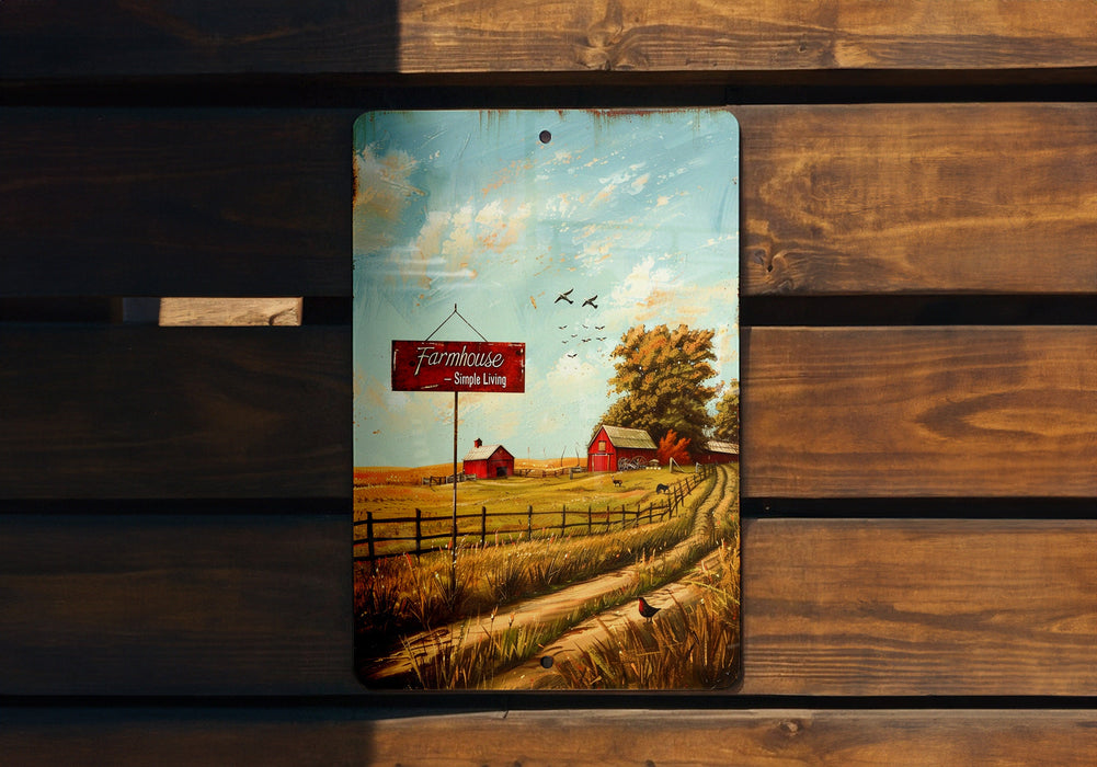 a painting of a farm scene on a wooden bench