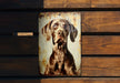 a picture of a dog on a wooden bench