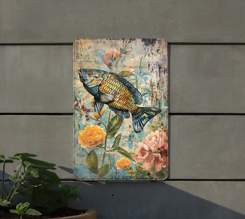 a painting of a fish on a wall next to a potted plant