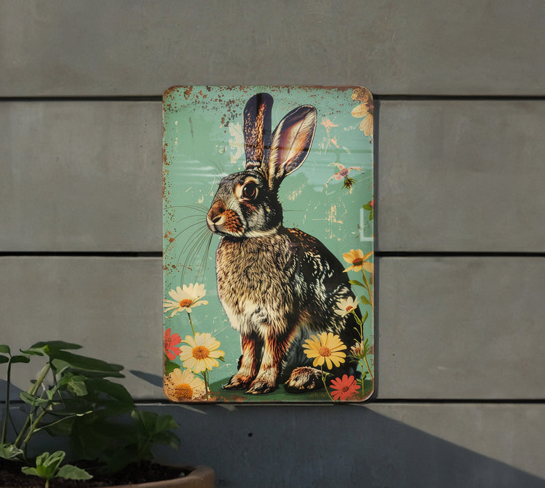 a metal sign with a picture of a rabbit on it