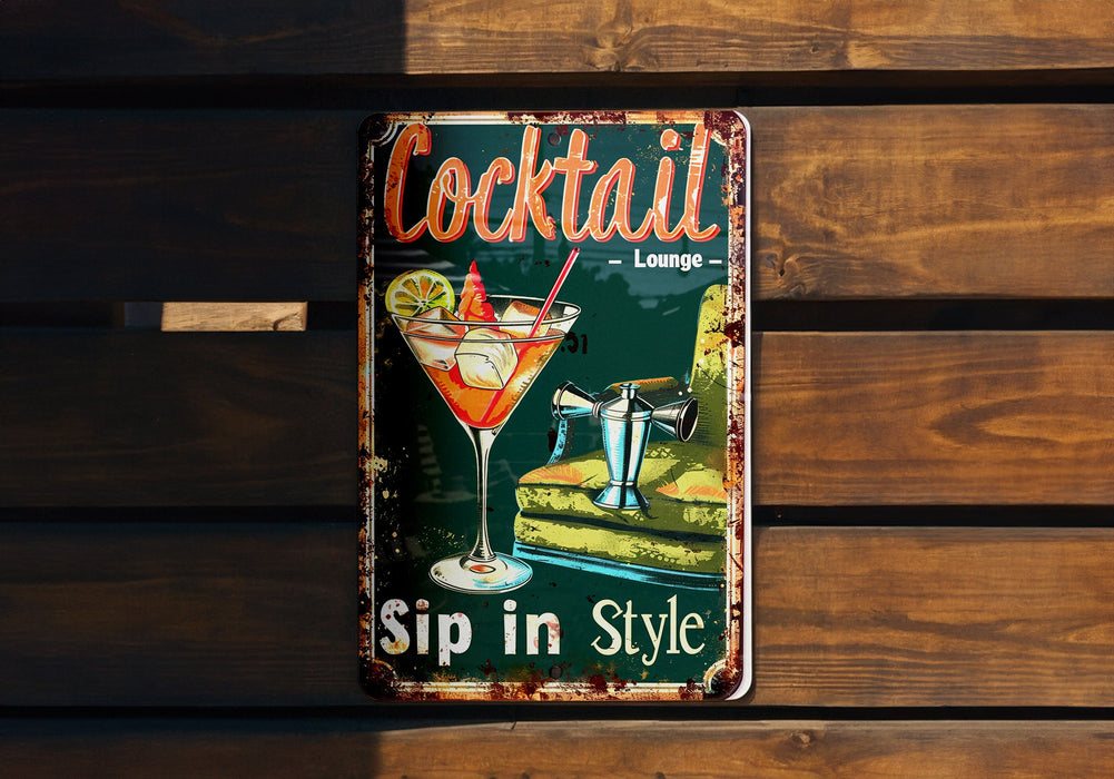 a metal sign that says cocktail sip in style