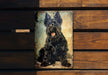 a picture of a black dog on a wooden bench