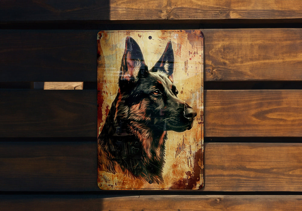 a picture of a german shepard on a wooden wall