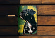 a painting of a dog on a wooden bench
