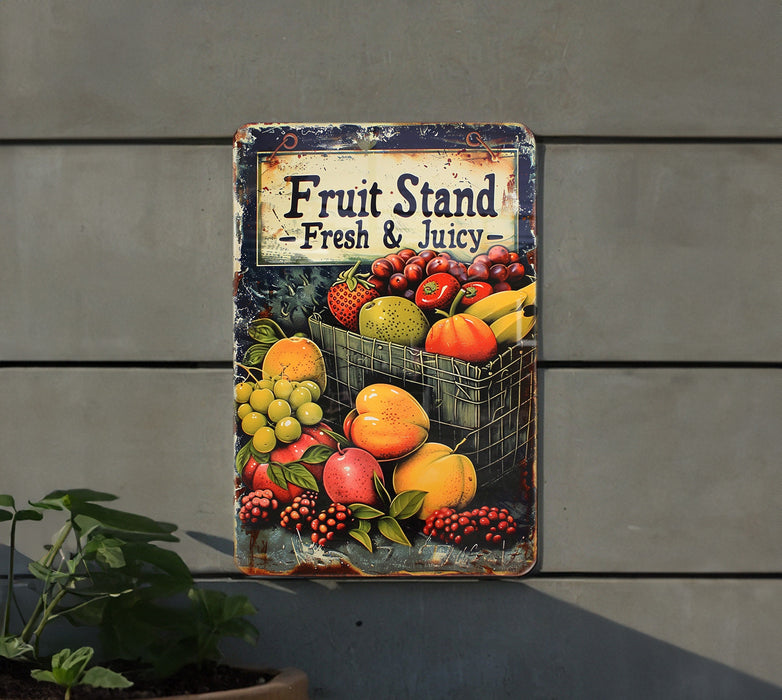 a fruit stand sign hanging on the side of a building