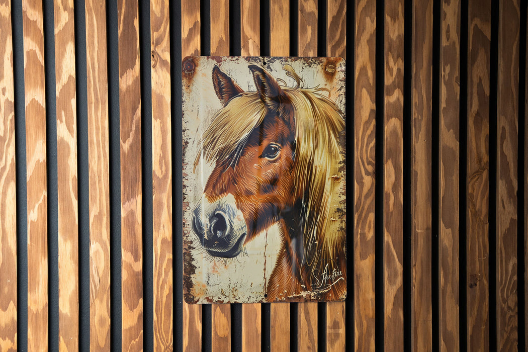 a picture of a horse on a wooden wall