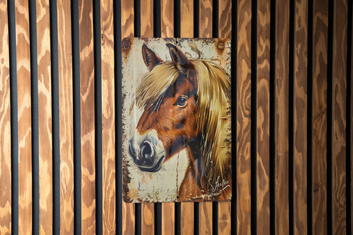 a picture of a horse on a wooden wall