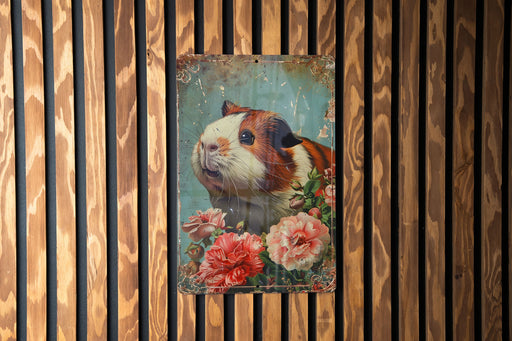 a picture of a guinea pig on a wooden wall
