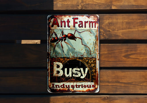a rusted metal sign on a wooden wall