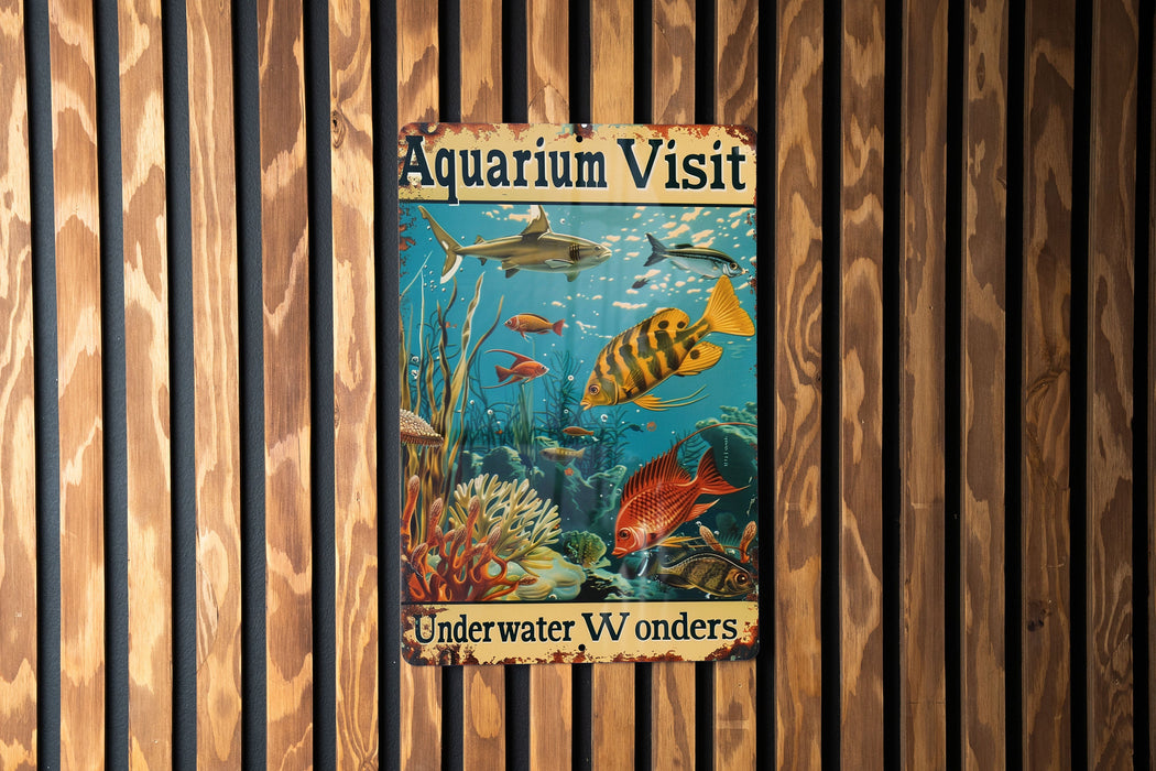 a sign on a wooden wall that says aquarium visit