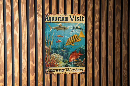 a sign on a wooden wall that says aquarium visit