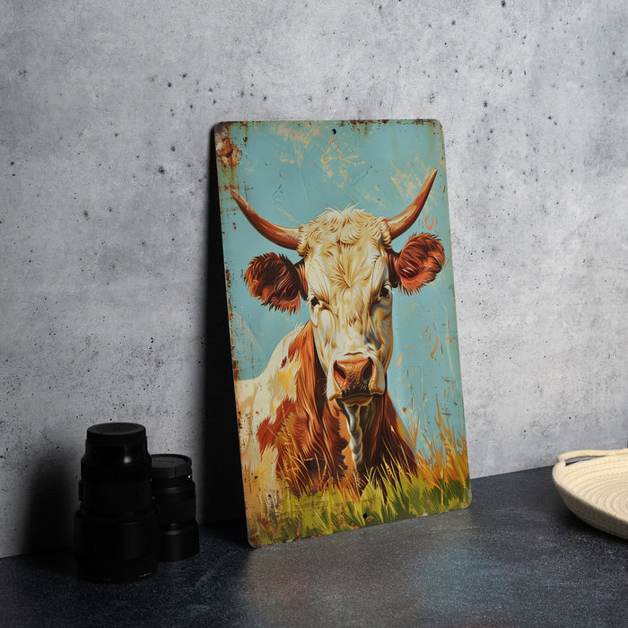 a painting of a cow is on a table