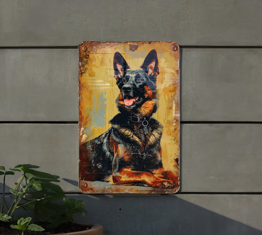 a painting of a german shepard on a wall