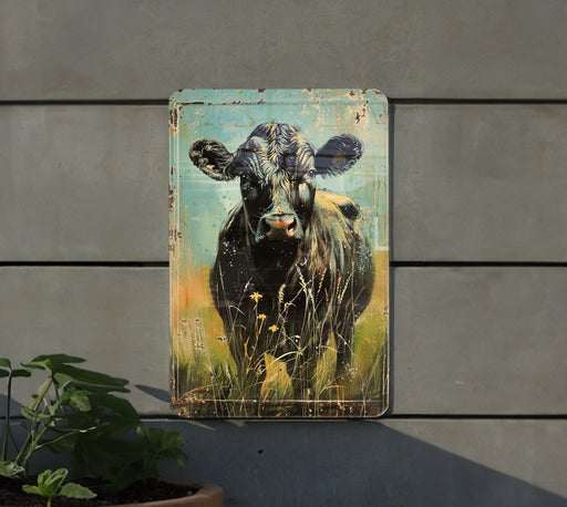 a painting of a cow is hanging on a wall