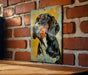 a painting of a dog on a brick wall