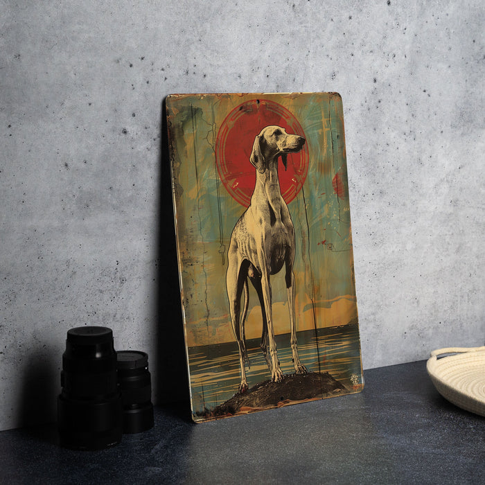 a painting of a dog on a wall next to a plate