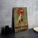 a painting of a dog on a wall next to a plate