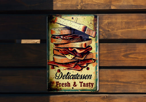 a metal sign on a wooden wall that says delitatorsen fresh and ta