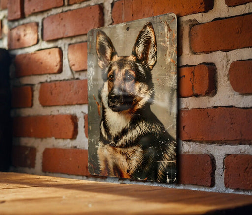 a picture of a dog is hanging on a brick wall