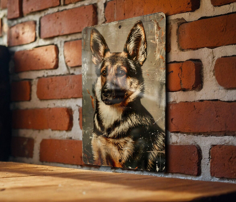 a picture of a dog is hanging on a brick wall