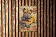 a picture of a dog on a wooden wall