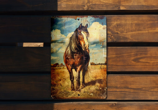 a picture of a horse on a wooden wall