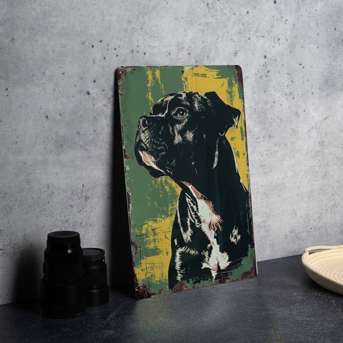 a painting of a dog on a green and yellow background