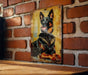 a picture of a dog on a brick wall