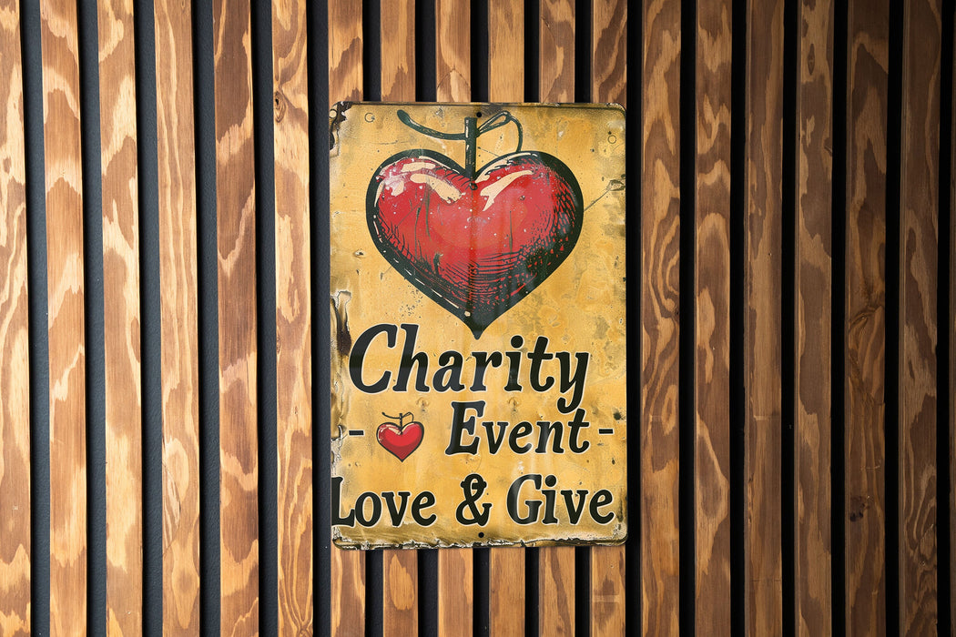a sign that says charity event love and give