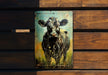 a picture of a cow on a wooden wall