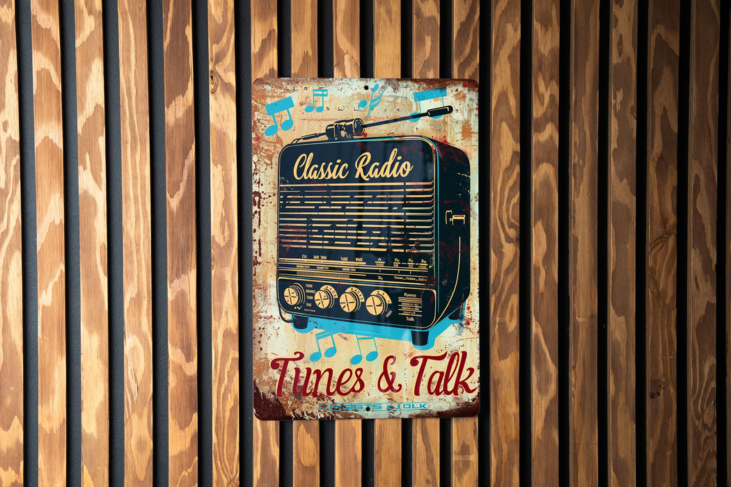a sign on a wooden wall that says radio radio times and talk