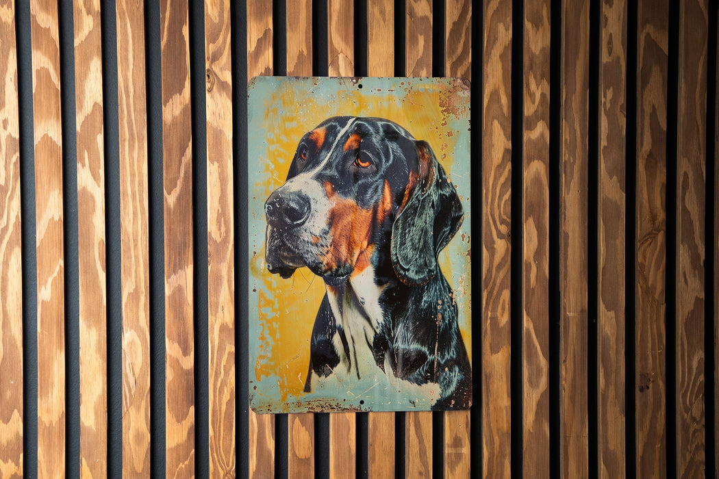 a painting of a dog on a wooden wall
