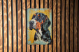 a painting of a dog on a wooden wall