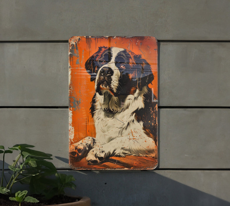 a picture of a dog on a rusted metal sign