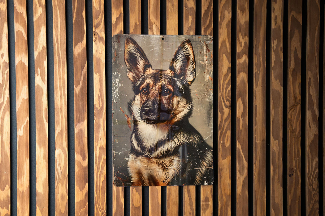 a picture of a dog on a wooden wall