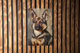 a picture of a dog on a wooden wall