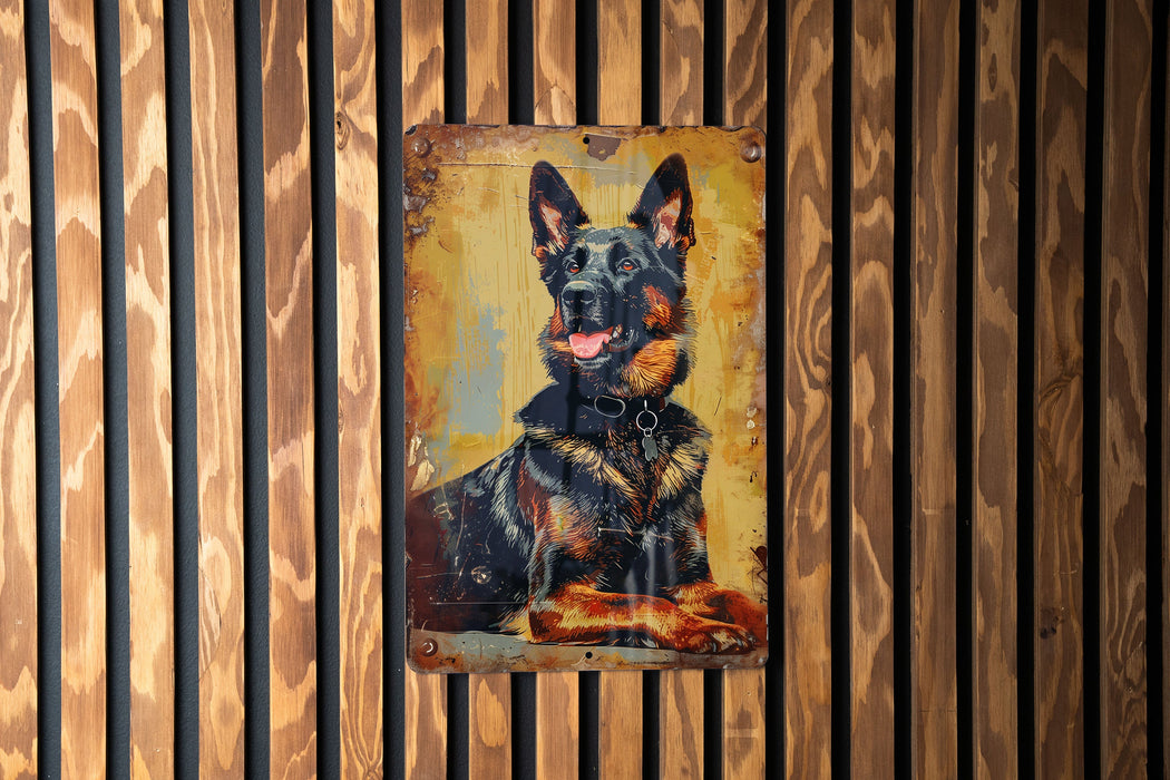 a painting of a german shepard on a wooden wall