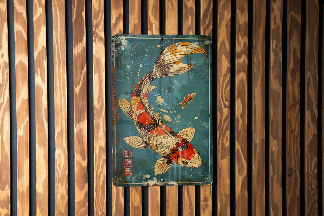 a painting of a koi fish on a wooden wall