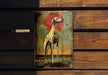 a painting of a dog on a wooden wall