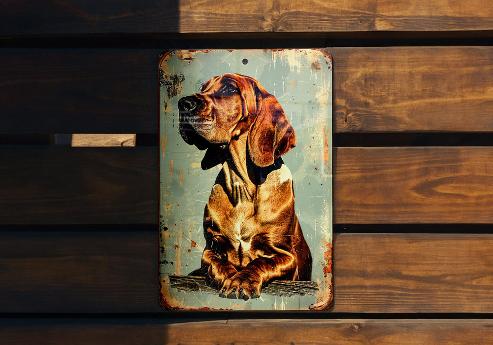 a metal sign with a picture of a dog on it
